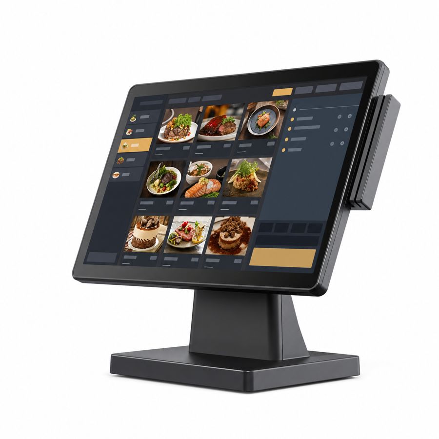 15.6-inch Quantic point-of-sale station showing a restaurant menu